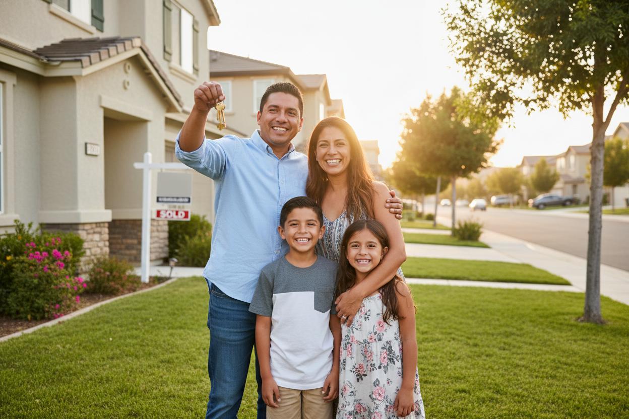 Familia hispana frente a su nueva casa